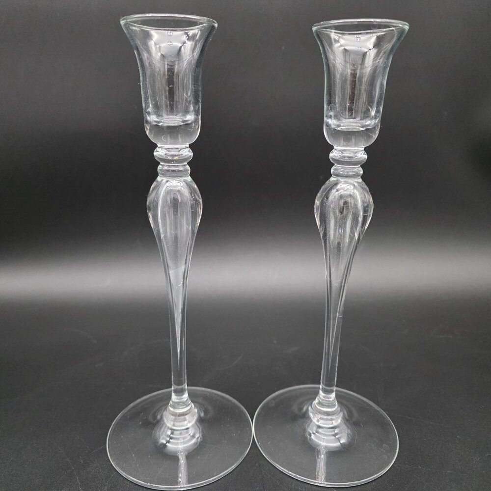 Mikasa Jamestown Clear Glass Candlestick 9.5 Inches Tall Set of 2 - Picture 2 of 9